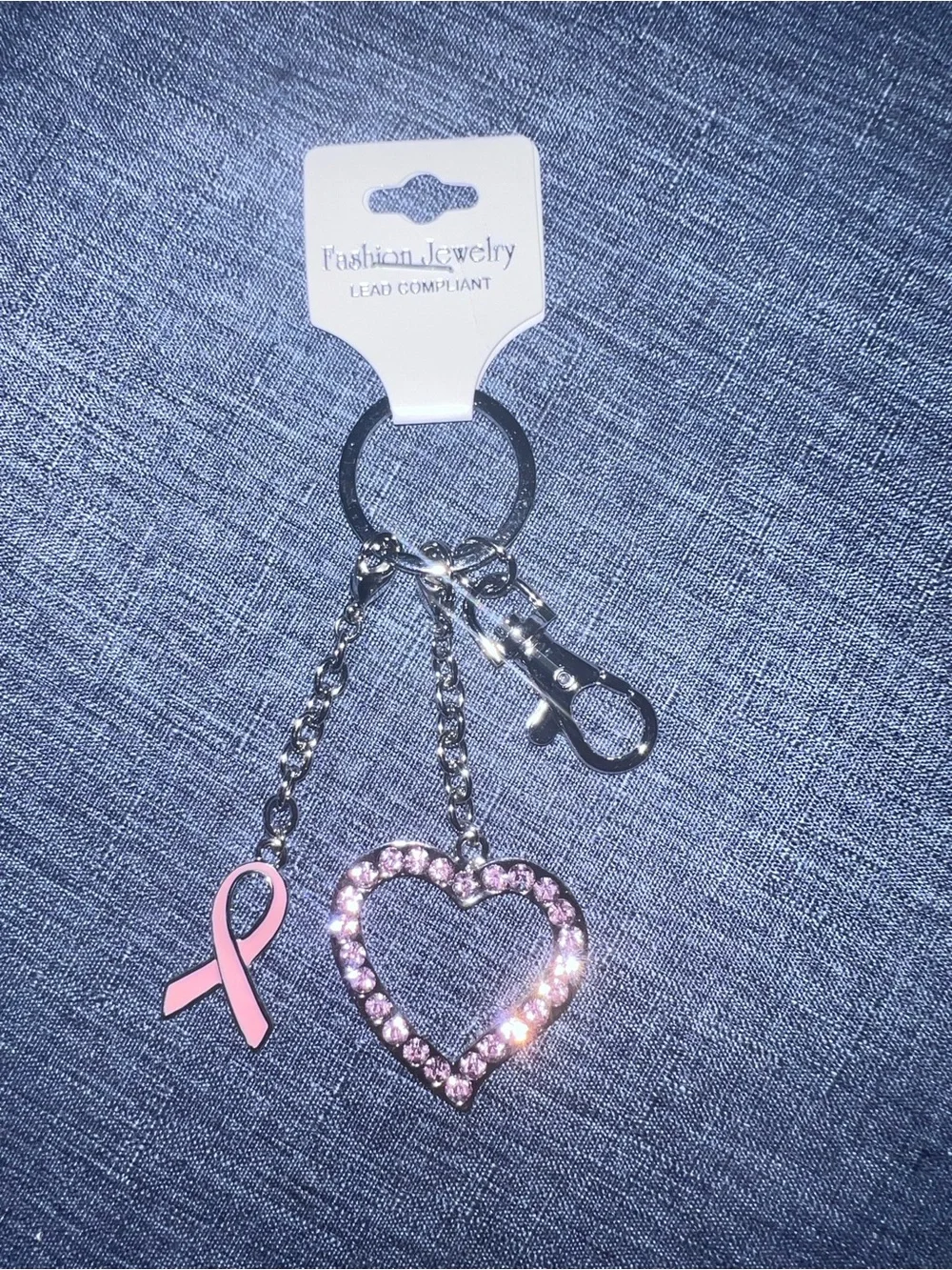 Fashion Jewelry Pink Ribbon & Pink Rhinestone Heart Charm Keyring